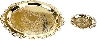 Quluxe Vintage Round Metal Food Serving Tray, 2 Pcs Reusable Decorative Appetizer Platter for Kitchen, Party, Centerpiece Display- Gold (4 Inch+10 Inch)