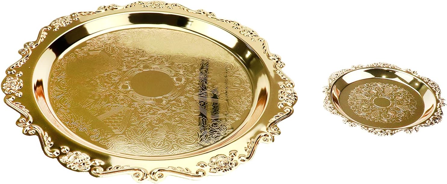 Quluxe Vintage Round Metal Food Serving Tray, 2 Pcs Reusable Decorative Appetizer Platter for Kitchen, Party, Centerpiece Display- Gold (4 Inch+10 Inch)