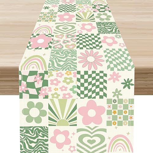 Groovy - Camino de mesa floral retro de los años 70, hippie floral, ondulado, lindo diseño de flores, color negro, decoración central para cocina