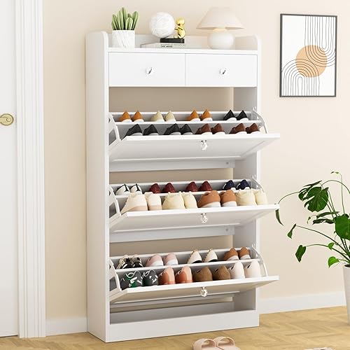 Miniatura 8 de VOWNER Zapatero con 3 cajones abatibles y 2 cajones, armario independiente de almacenamiento de zapatos con estantes ajustables, organizador de