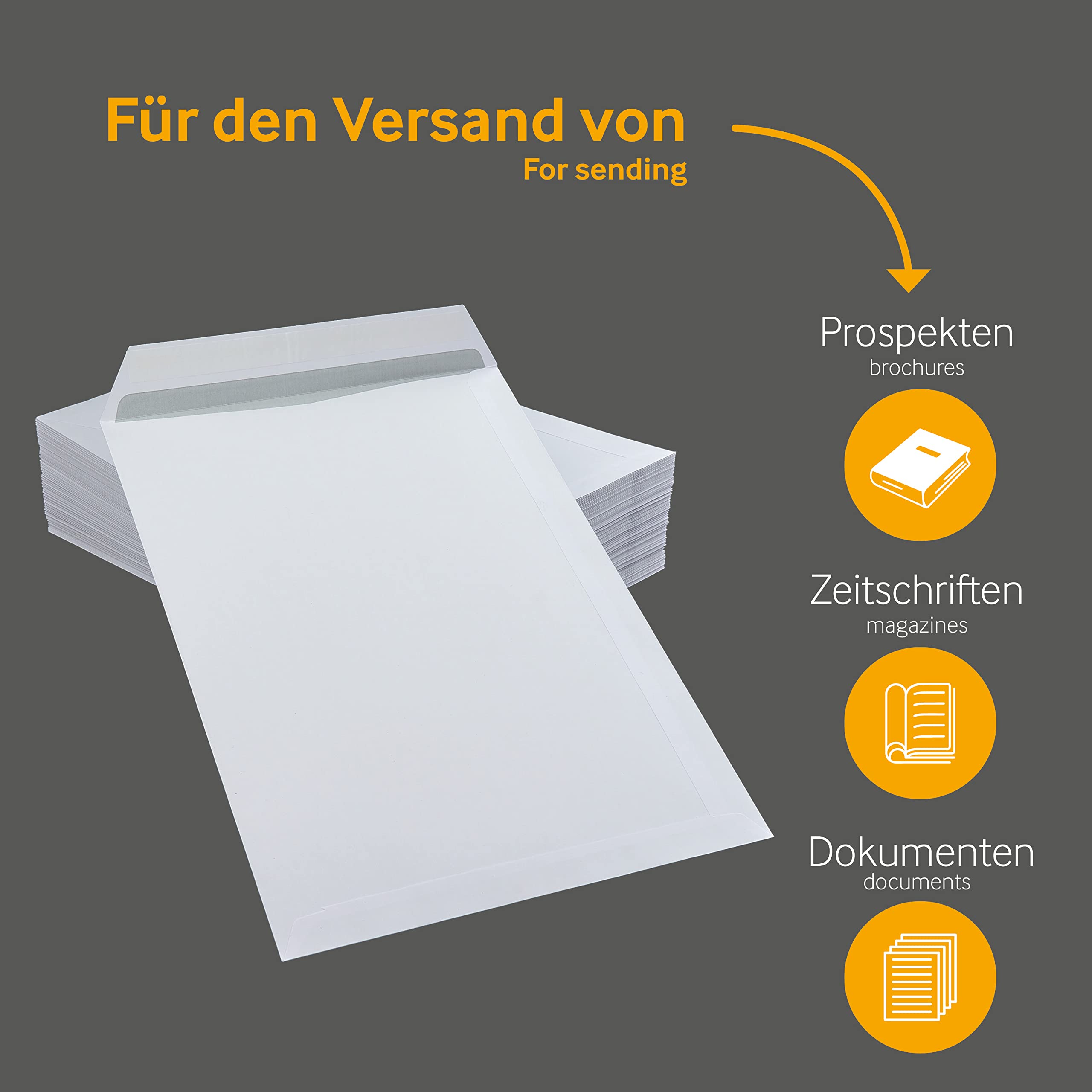 Versandtaschen DIN C4, 229 x 324 mm, ohne Fenster, 250 Stück, Weiß | Haftklebend, Gerade Klappe, 120 g/m² Offset, Blanke Briefhüllen