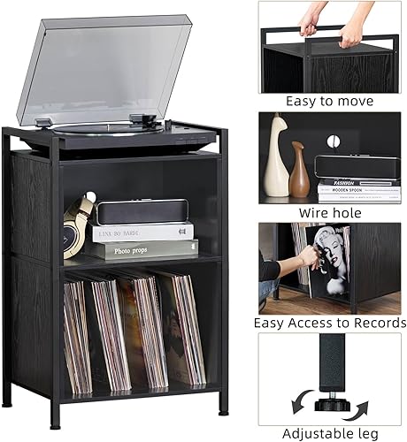 Miniatura 13 de YAHARBO Soporte para tocadiscos, soporte para discos de vinilo de 3 estantes con almacenamiento, soporte para discos blanco, soporte para tocadiscos