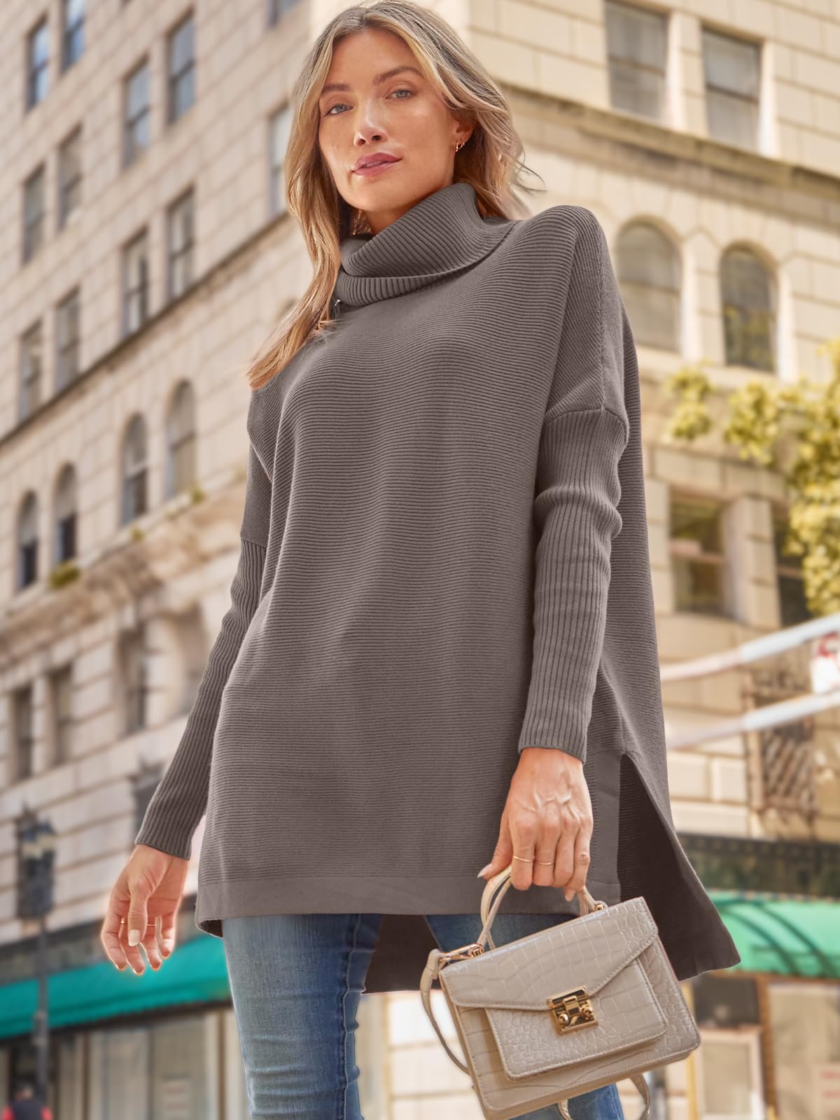 LILLUSORY Dolcevita da donna Maglioni oversize 2023 Autunno Manica Lunga A Pipistrello Orlo Spilt Tunica Pullover Maglione Top in Maglia
