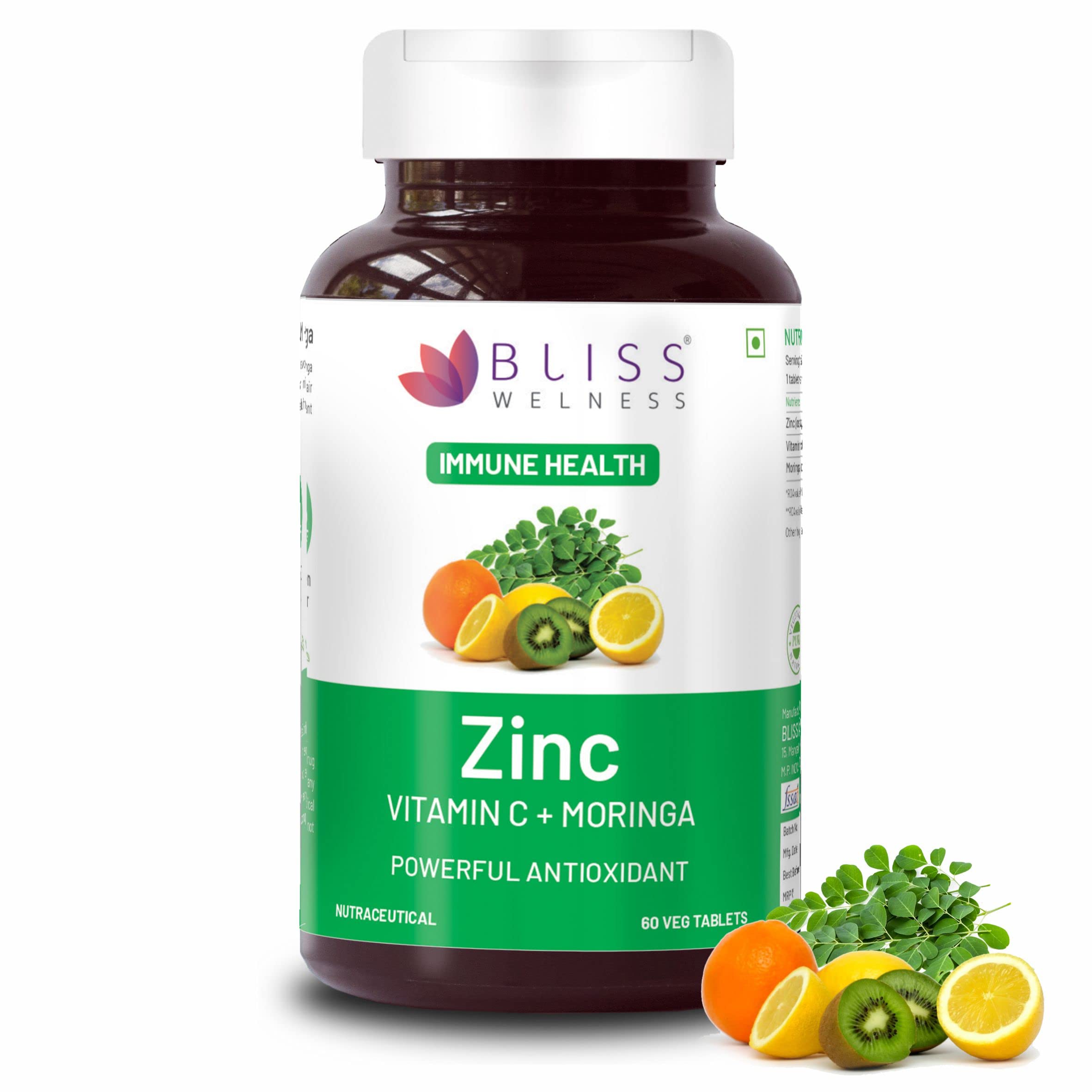 Bliss Welness Immunity Booster Skin Glow | Vitamin C + Zinc Citrate + Moringa Extract | Immune Boost Antioxidant Supplement - 60 Veg Tablets (B0B2RTW44M) Amazon Price History, Amazon Price Tracker