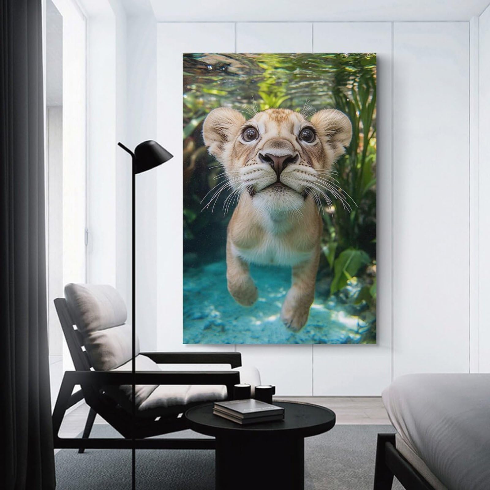 Junmoney Unframe-Style-10 Lion Cub Swimming Underwater Close-Up Hanging Wall Art 20X30inch(50X75cm), For Restful Interiors, Bedrooms Or Small Rooms, Home Artwork With A Soft Interior Feel