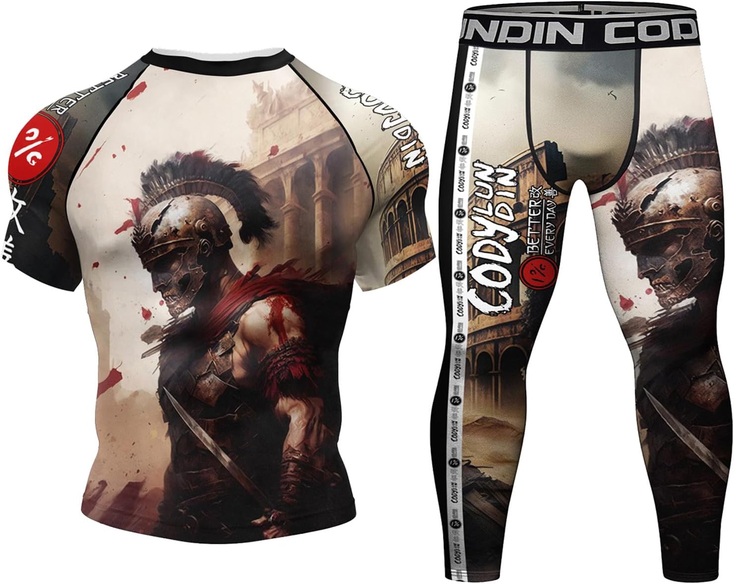 Men's compression Set Short Sleeve Top Long pant for Outdoor Sportswear Print Cool Dry Base layer Shirt for Running Training Sport Shirt Sweat-free Sports Pants