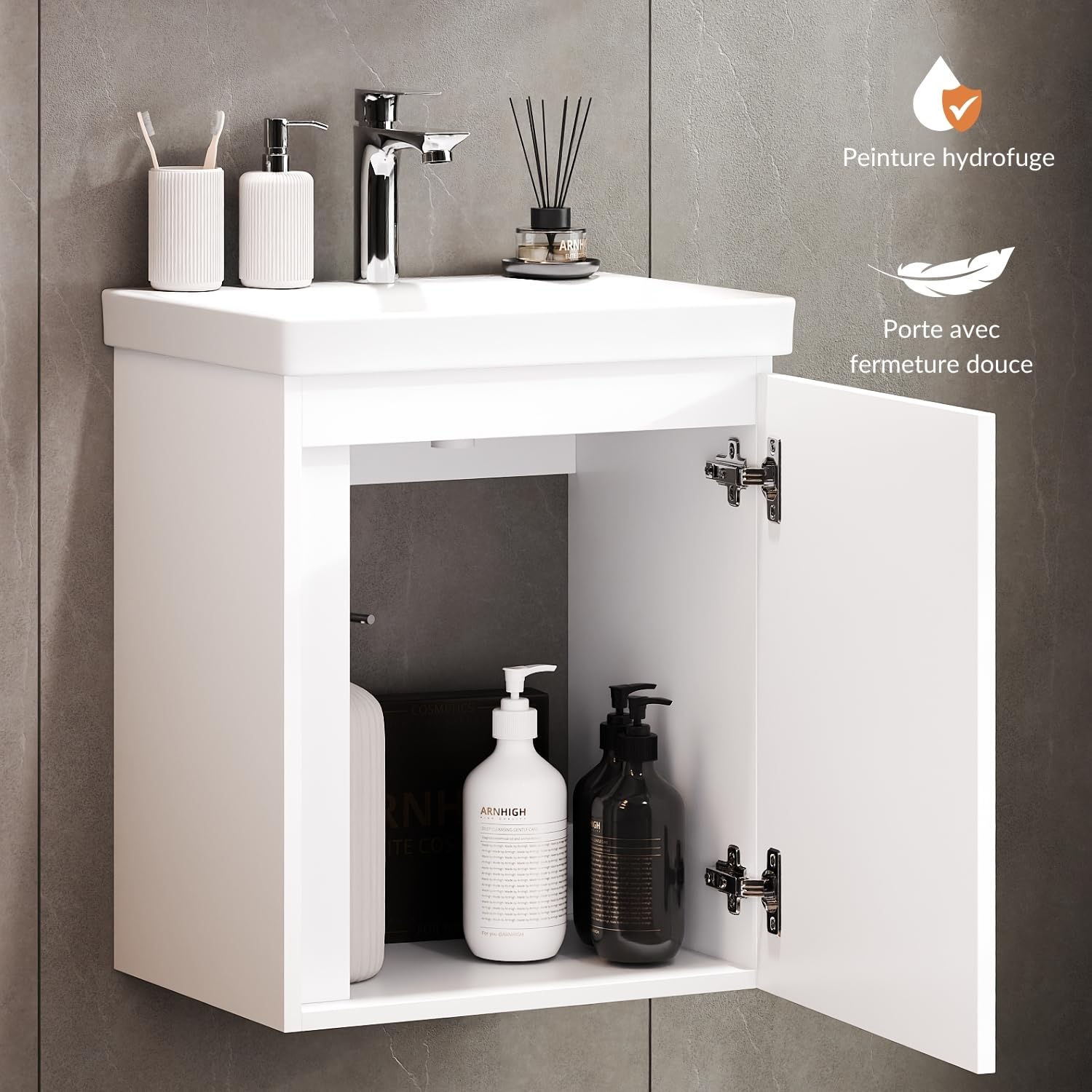 Planetmöbel lavabo avec Meuble Bas 50 cm, Meuble sous-Vasque Suspendu, Fermeture amortie, Ensemble de Meubles de Salle de Bain, Blanc