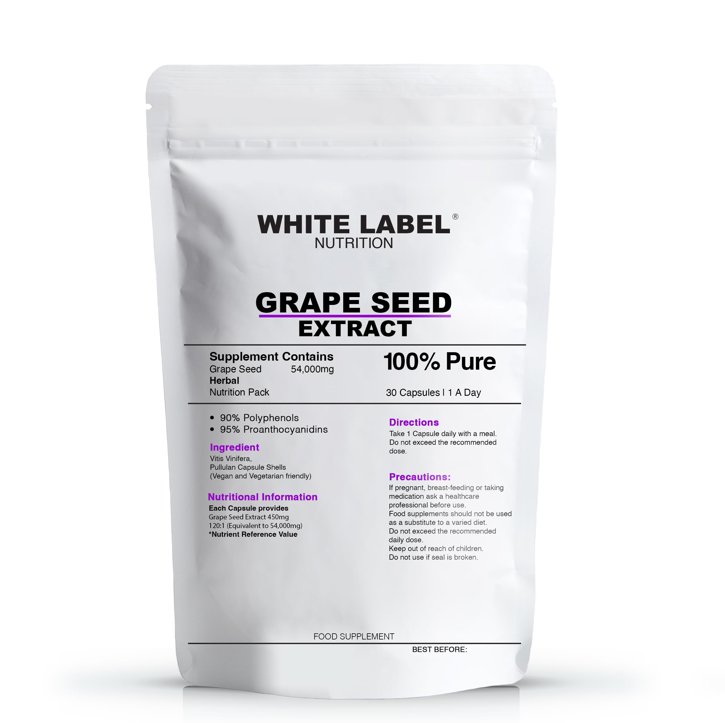 Grape Seed Extract 54,000mg - High Strength Antioxidant Supplement | 100% Pure, GMO-Free | 1-A-Day | UK Made | White Label Nutrition