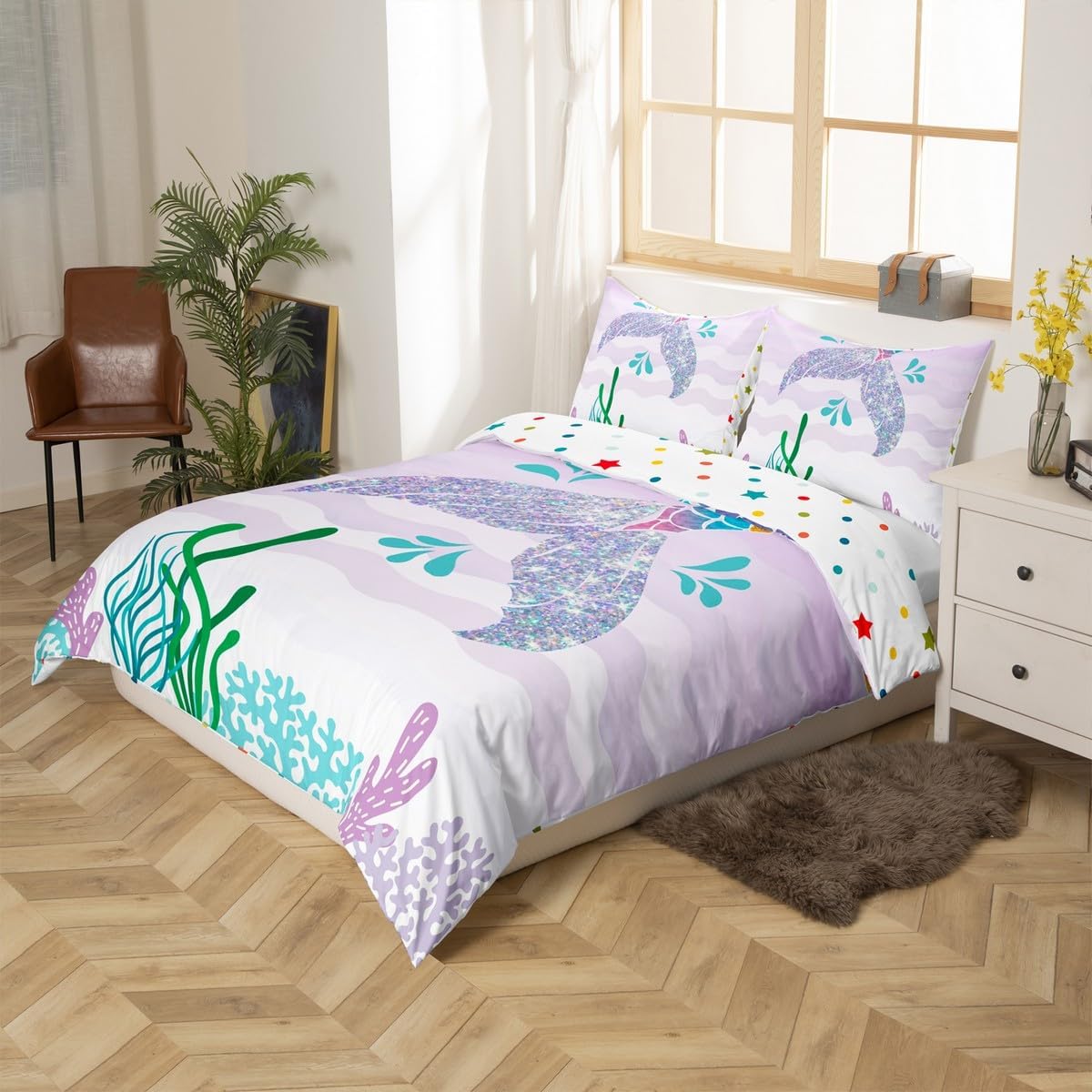 jejeloiu Mermaid Duvet Cover Toddler Size Boys Girls Ocean Marine Theme Bedding Set for Kids Fish Scales Comforter Cover Set Princess Decor Room Decor Bedclothes Zipper,No Comforter