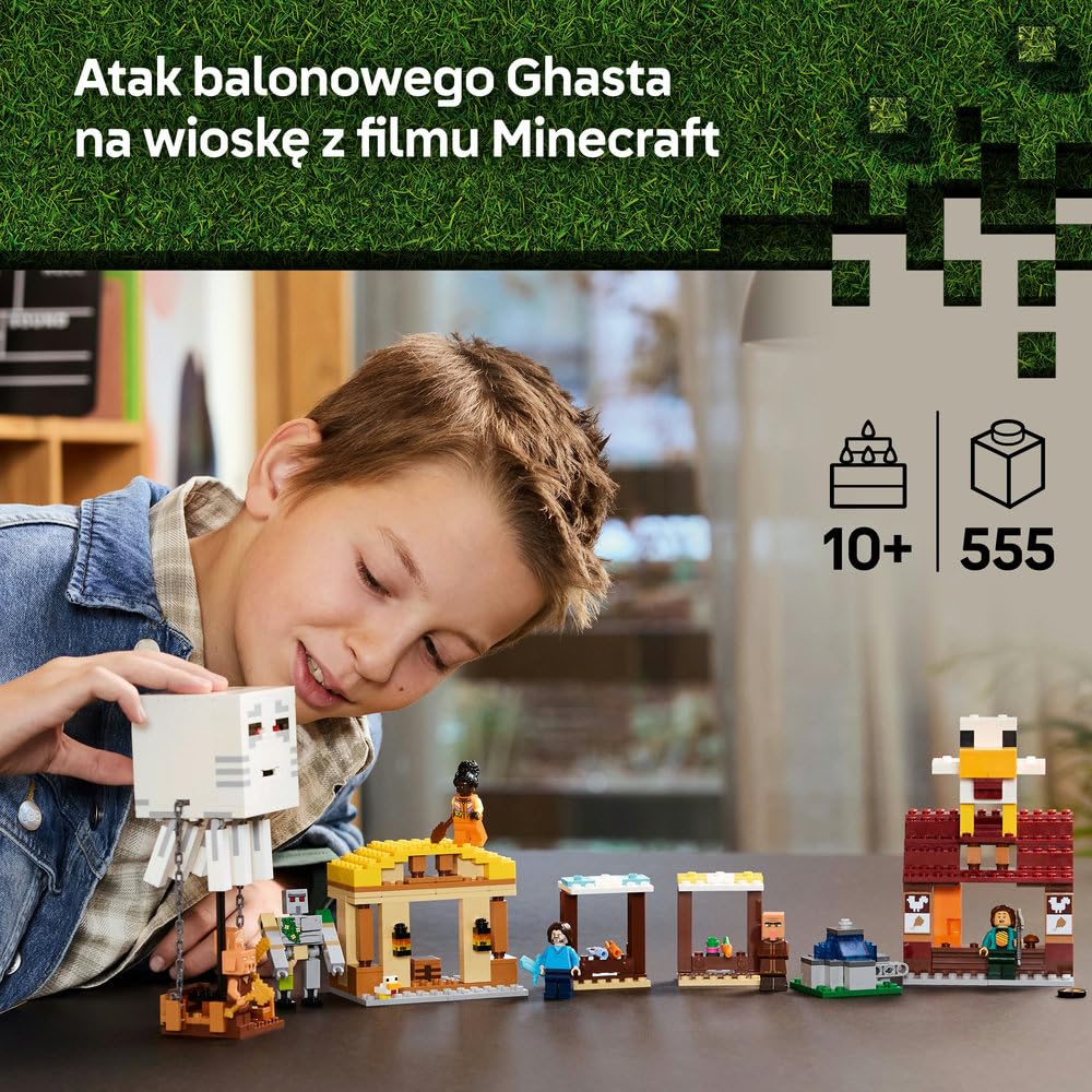 LEGO Minecraft Atak balonowego Ghasta na wioskę 21273 | scenka Minecraft, zestaw akcji z gry, prezent dla fana Minecrafta 10+, 555 elementów