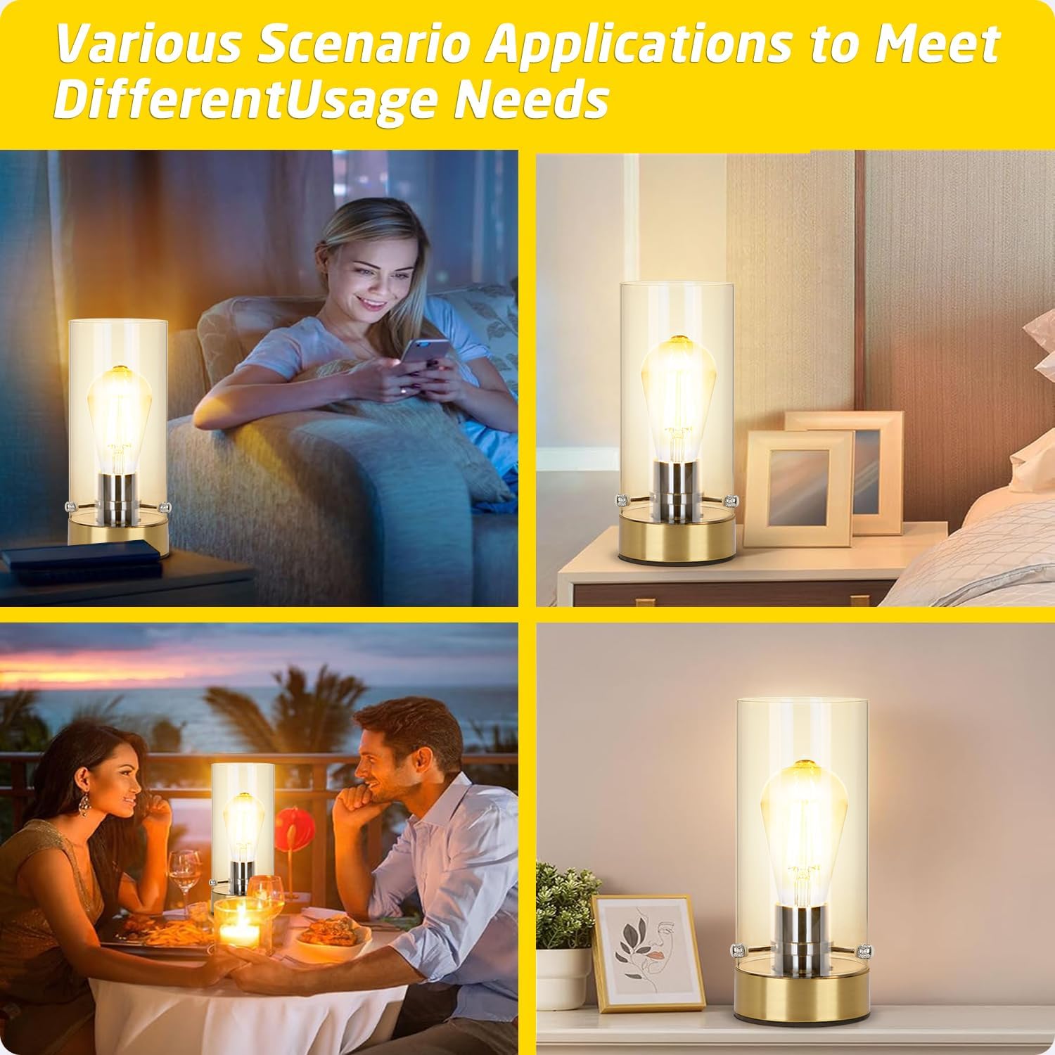 Table Lamp for Bedroom Living Room, Bedside Modern Nightstand Lamp with Glass Lamp Shape, 2700K 6W Glass Bulb Included(Gold).
