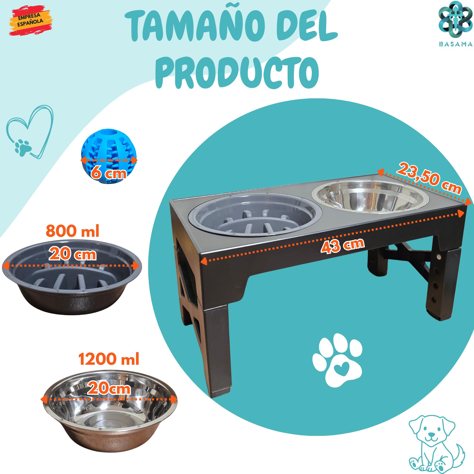 Comedero Perro Elevado 5 Alturas, con 2 Platos de Acero y 1 comedero antivoracidad Perro + 1 Pelota Perros interactiva + 1 Rollo de Bolsas para excrementos| Apto para Todas Las Razas, Edades