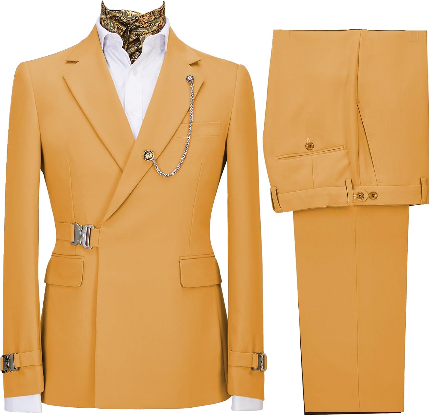 Men's 2 Piece Business Leisure Fashion Slim Suit Double Breasted Prom Tuxedo Suits Party Wedding Solid Blazer Pants (Yellow,US Size L=Aisa XL)