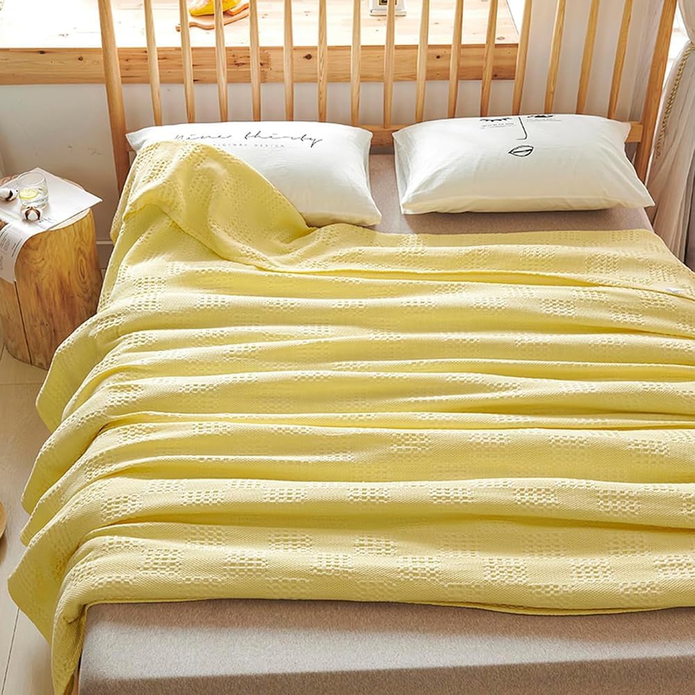 LGYKUMEG Cotton Throw Blanket,100% Cotton Waffle Knit Blanket,Lightweight,Breathable and Soft for Summer and Spring,Yellow,100 x 150 cm / 39 x 59 inch