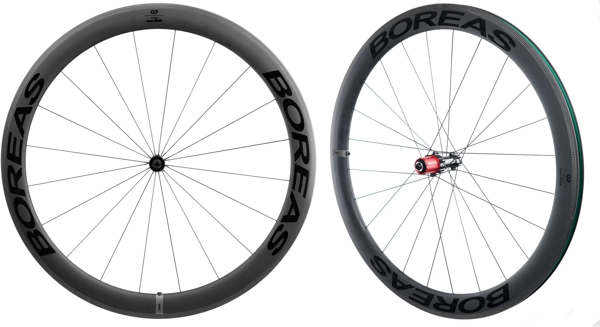 CyclingDeal BOREAS Full Carbon Road Bike 700C Clincher Wheels 50mm Wheelset Rim Brake, 24mm Width compatible with Shimano Sram HG up to 11 Speed, Light-Weight, Front and Rear QR & Brakes Pads Included
