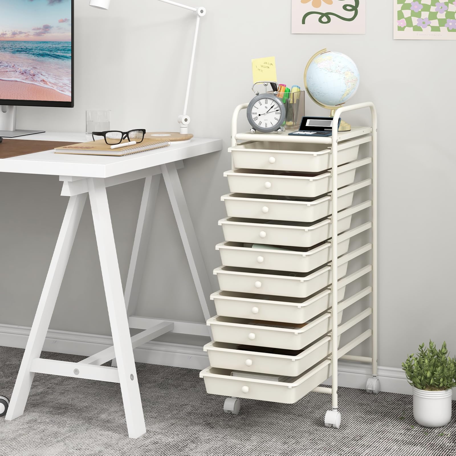 GIANTEX Carro de Almacenamiento 10 Cajones, Estantería con 4 Ruedas (2 con Frenos), Carrito de Plástico con Marco de Metal, Organizador para Oficina, Cocina, Baño, 33x37x86 cm (Blanco)