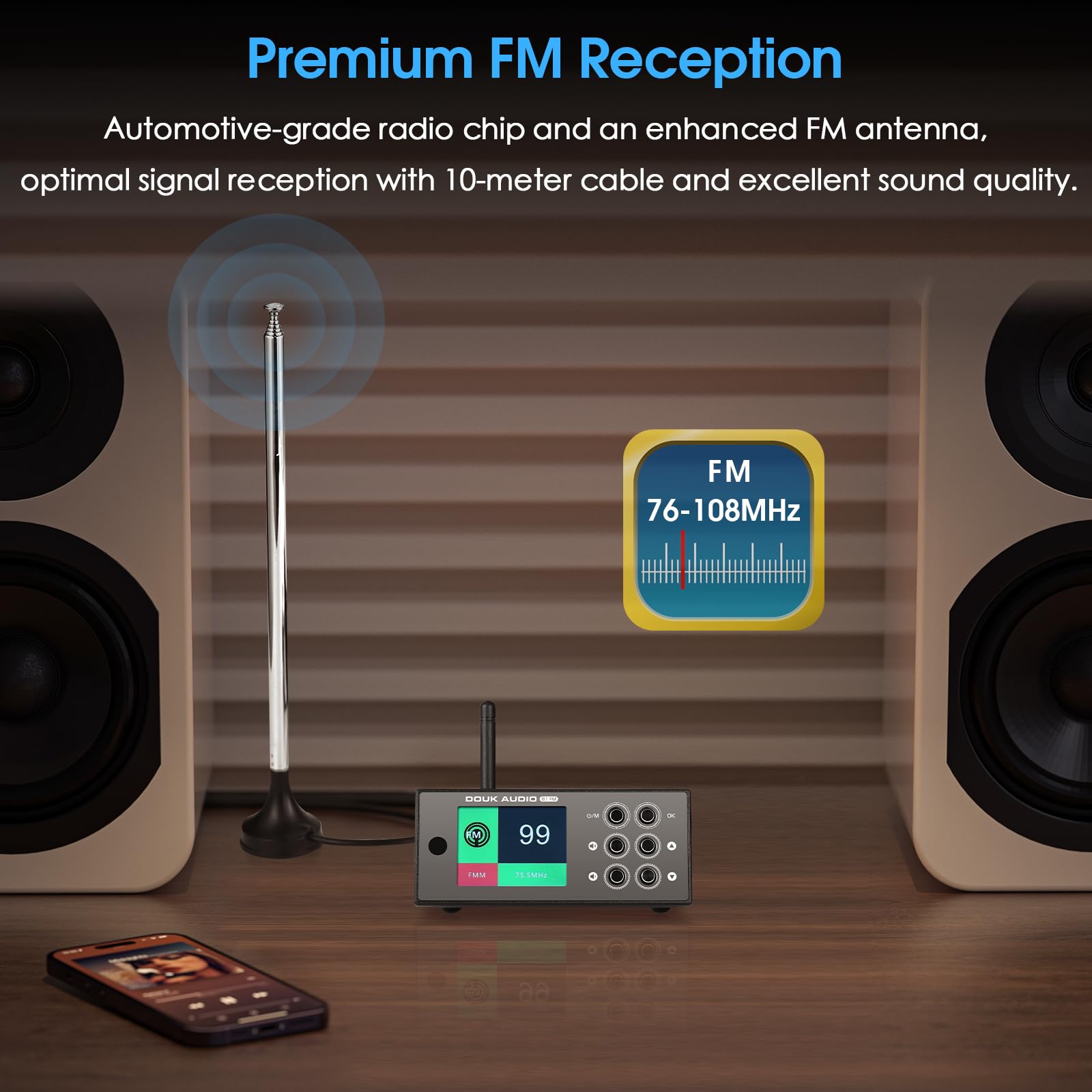Douk Audio B1FM Bluetooth 5.1 Receiver DAC, HiFi Stereo Music Player with LDAC & aptX HD, Premium FM Radio, Optical & Coaxial Digital Outputs, 2.4” Display & Remote for Home Audio Systems