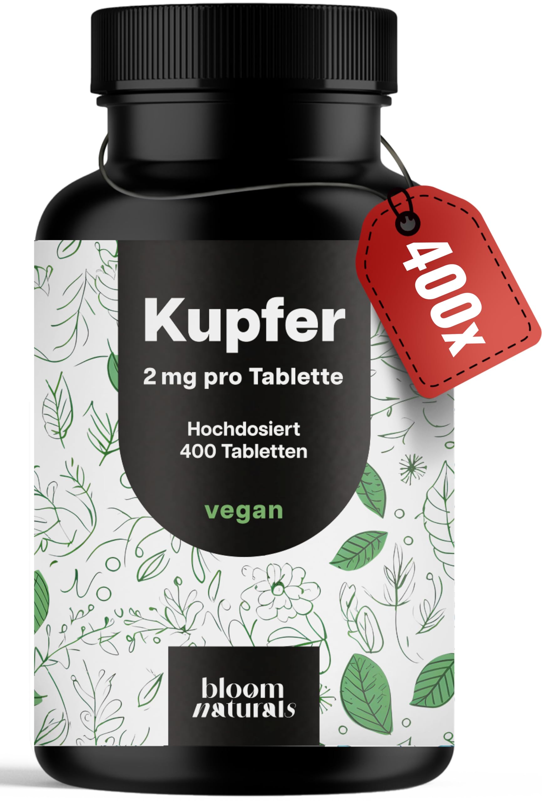 Kupfer Tabletten - 400 Stück x 2 mg Kupfer aus Kupferbisglycinat - hochdosiert - Copper, vegan und produziert in Deutschland - Verpackung kann variieren