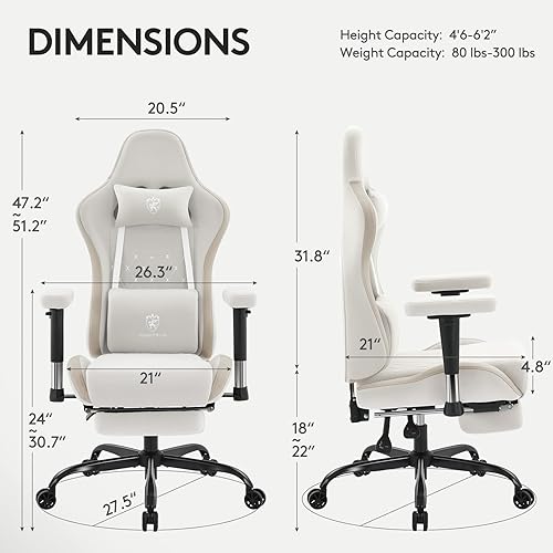 Vista 3 de Silla de juegos de tela transpirable, silla de oficina para computadora con reposapiés, soporte lumbar de masaje y almohadilla de gel, silla Beige