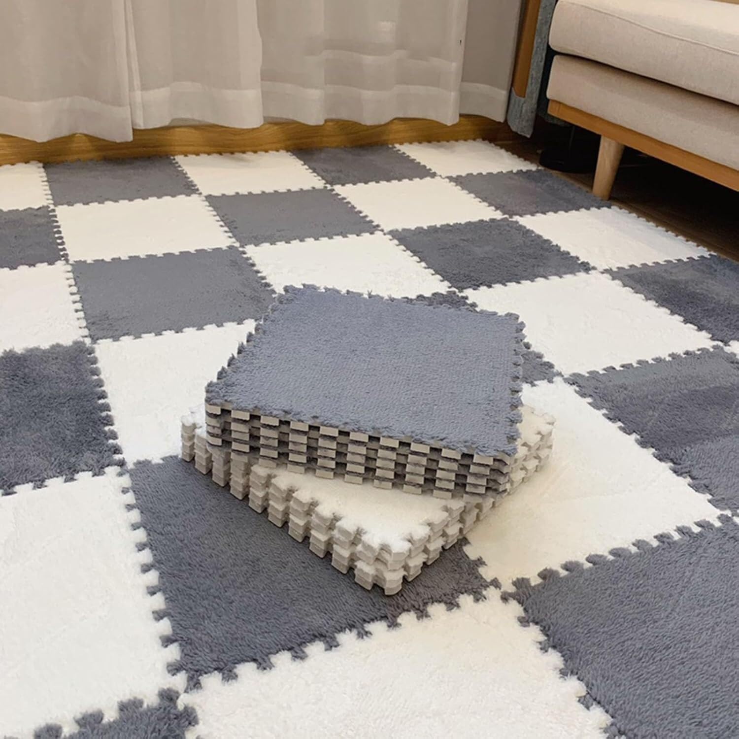 JvFbjLF Plush Foam Interlocking Floor Tiles Mats 1x1ft Foam Splicing Carpet Tiles With Edgings(Light Gray+white,20pcs)