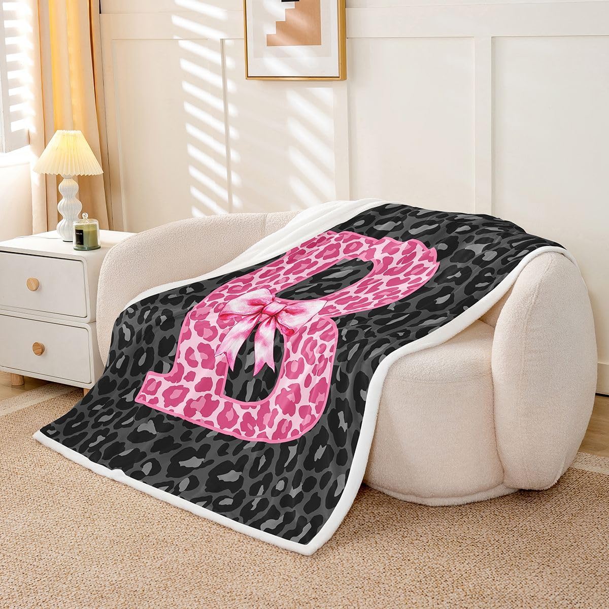 Erosebridal Pink Cheetah Print Bow Fleece Blanket Coquette Aesthetic Letter B Sherpa Blanket 60"x80" | Personalized Name Monogrammed Alphabet Fuzzy Plush Throw Girly Room Decor Grey
