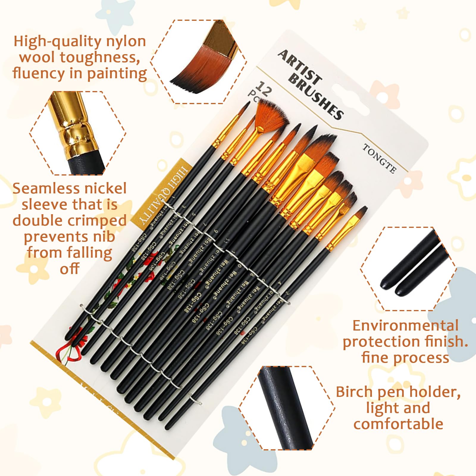 Lot de 12 pinceaux de maquillage pour enfants - Avec 10 éponges de maquillage - Pinceaux de maquillage - Éponges de maquillage - Pinceaux fins - Pour peinture à l'huile - Pour débutants