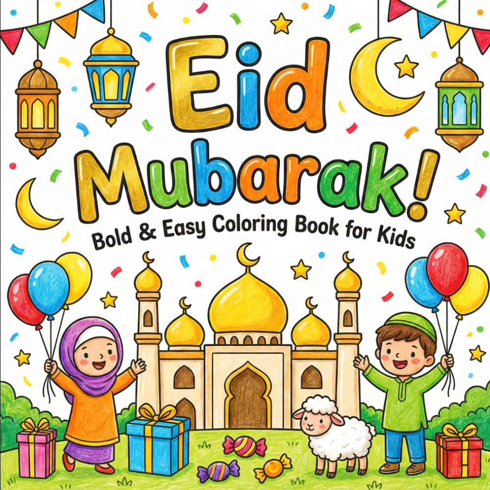 Eid Mubarak! Bold & Easy Coloring Book for Kids: Fun & Simple Eid al-Fitr and Eid al-Adha Coloring Pages | Cute Mosques, Animals, Lanterns & Festive Family Moments