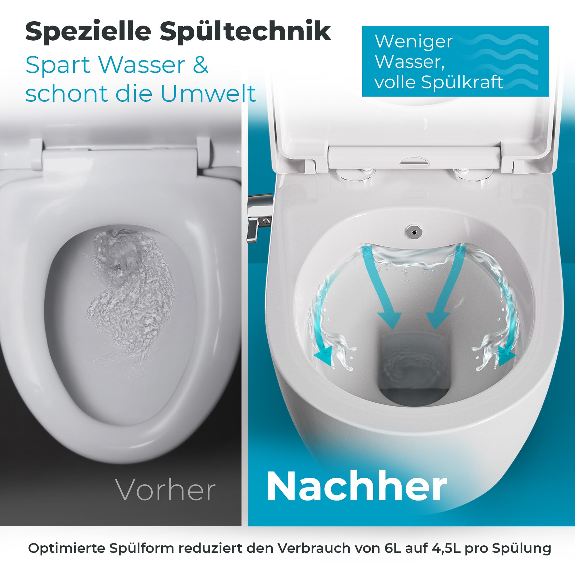 WC Taharet senza brida con rubinetteria, sedile Softclose removibile e rivestimento doccino/WC, toilette con doccino intimo con funzione bidet, Shattaf