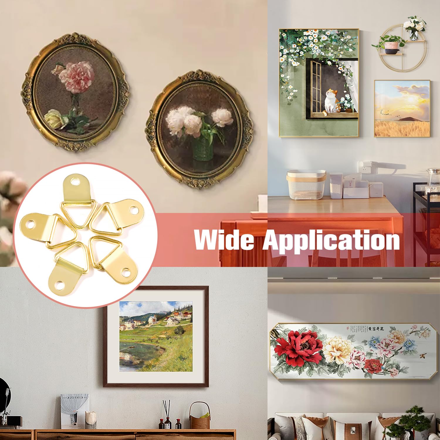 YIXISI 100 Pezzi Ganci Cornici Quadri, Triangolo Anello Gancio, D Anelli Cornice per Foto, Ganci Appendi Quadri, con 100 Pezzi Viti, per Foto Pitture, Decorazione Della Casa, Dorato