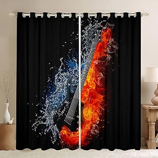 Manfei Guita Kids Window Curtains,Music Lovers Musical Instrument Window Drapes for Girls Boys Adults,Flame Smoke Fashion Design Black Chic Window Treatments Grommet Top 2 Panel Set,52Wx90L inch