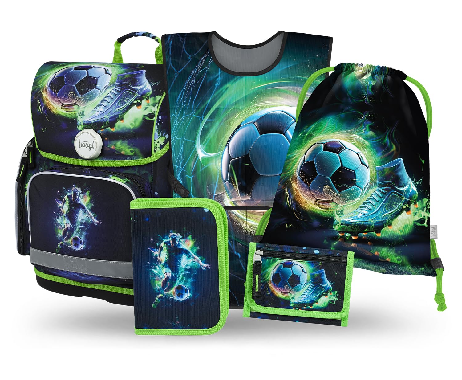 Baagl Schulranzen Jungen Set 5 Teilig (Ergo Schultasche für 1. Klasse, Mäppchen, Turnbeutel, Schürze, Brustbeutel), Grundschule Ranzen, Ergonomischer Schulrucksack, 19 l (Football Player)