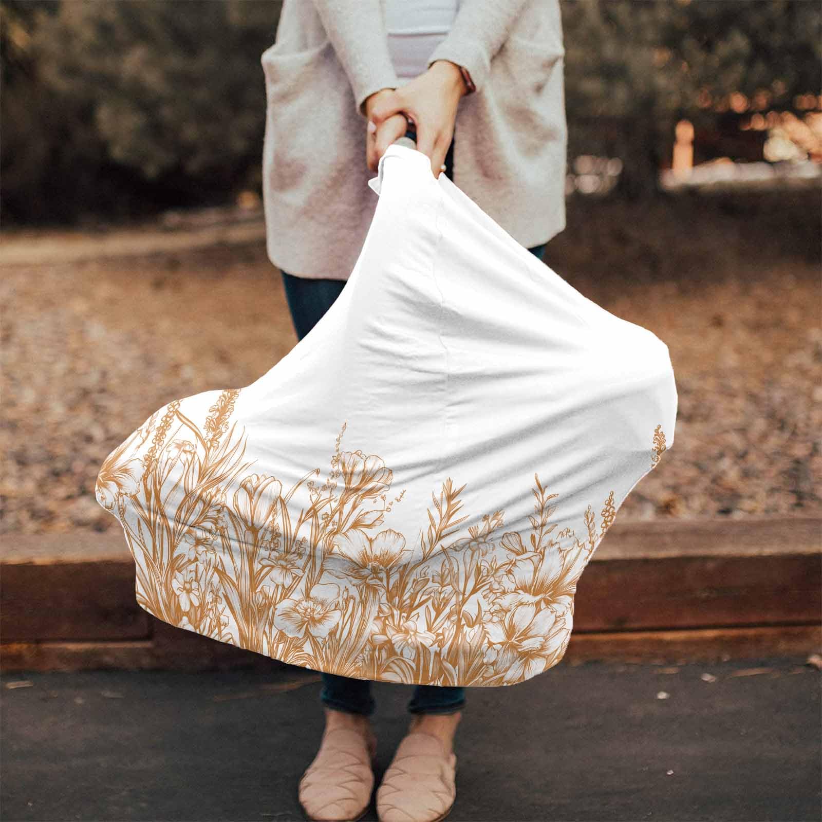 Nursing Cover for Breastfeeding Scarf, Orange Lavender Wildflowers Leaves Line Art Baby Car Covers Super Soft Multi Use for Canopy Shopping Cart Cover Blanket Stroller Cover