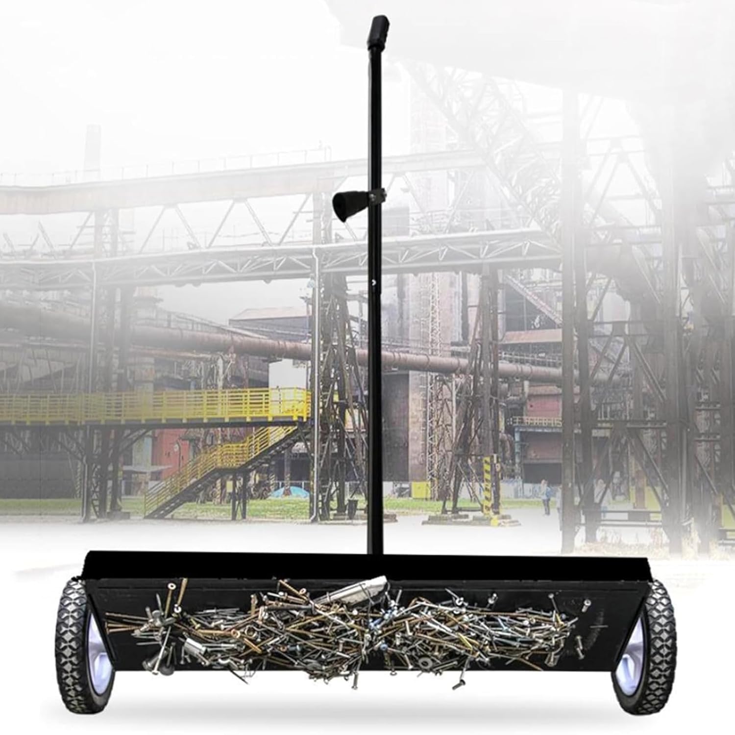 25.7" Rolling Magnetic Sweeper with Wheels, Large Magnet Pickup Lawn Sweeper, 180° No Blind Spots Pick Up, with Telescoping Handle, Can Release Metal Materials, Easy Cleanup of Workshop Garage Yard