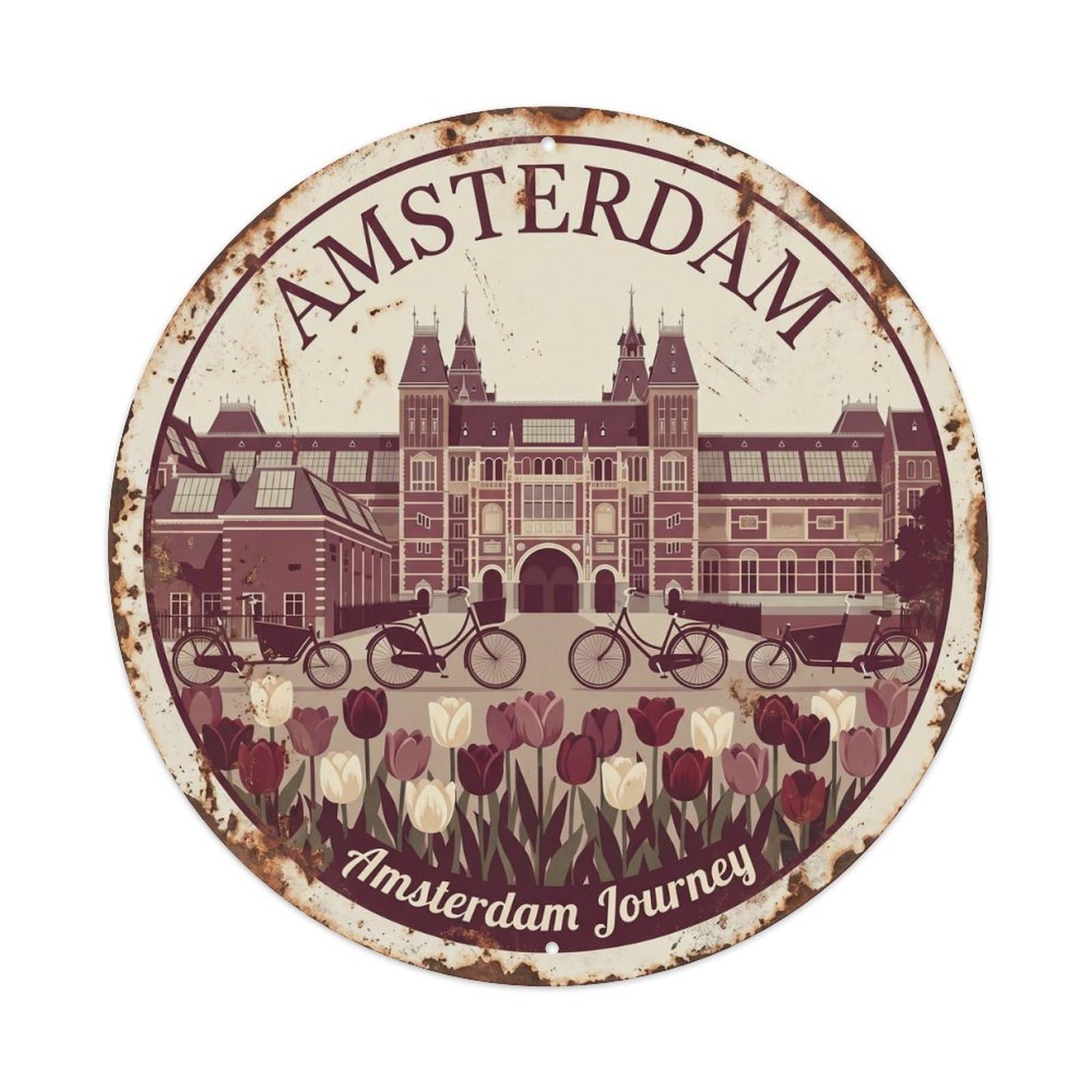 Amsterdam Museum Landmark Vintage Dutch Travel Culture Metal Tin Sign Plaque Wall Decor for Cafe, Man Cave, Club Bar, Office, Home Garden Round Metal Poster 8x8Inch