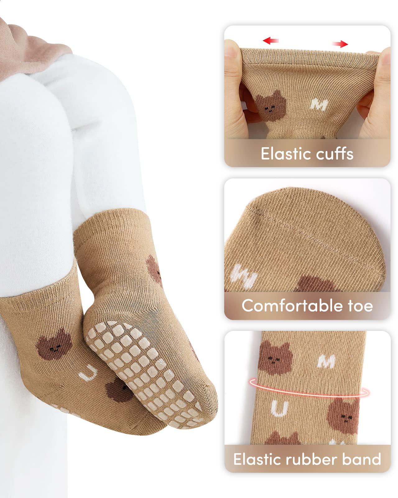 Adorel Non-Slip Socks for Babies Children Pack of 6, Nature, 1-3 años 2