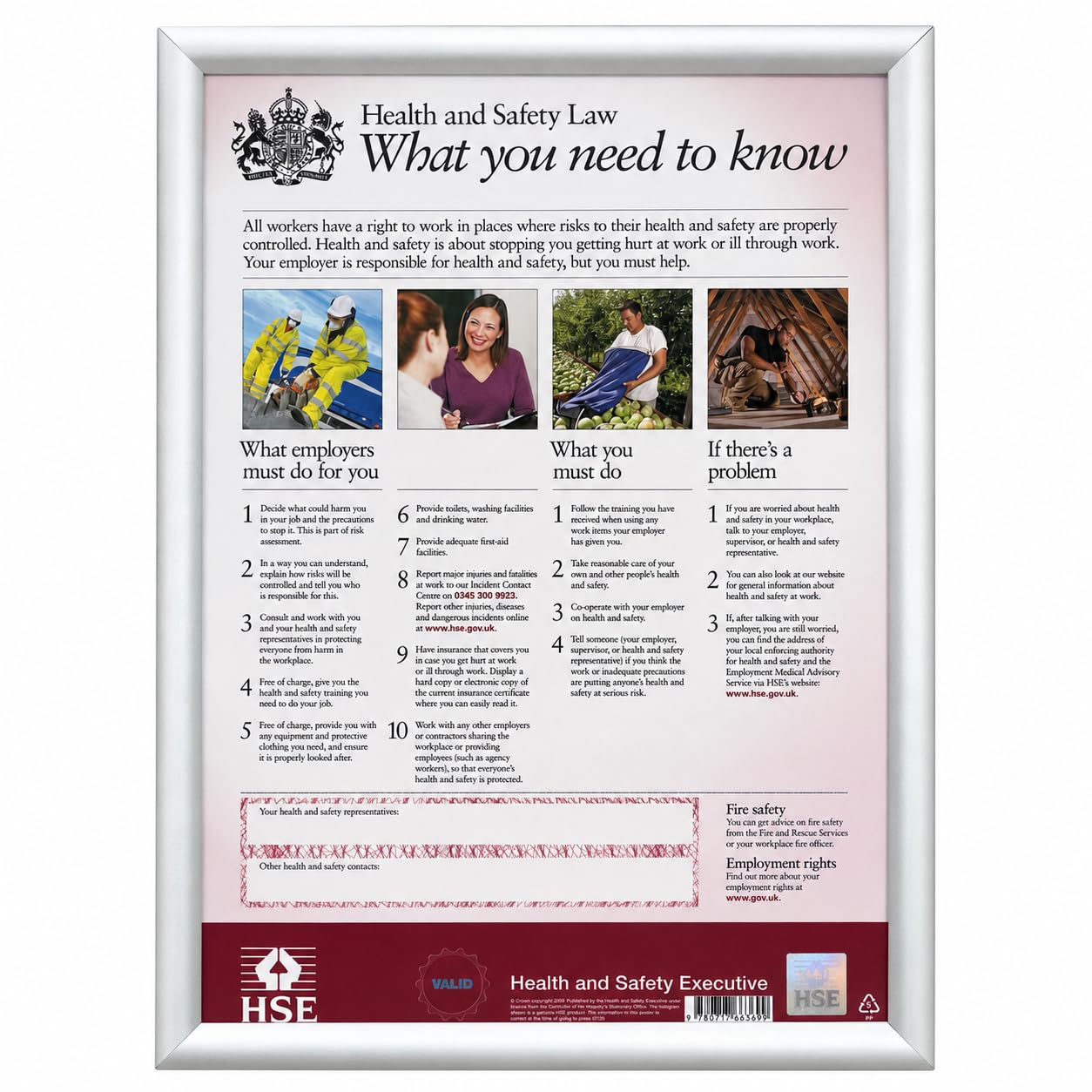 Health and Safety Law Poster 2026 with Snap Frame, Genuine HSE Approved Workplace Poster with Authentic Hologram, Up to Date UK Health and Safety Law Display, Professional Wall Mounted A3 Safety Poste