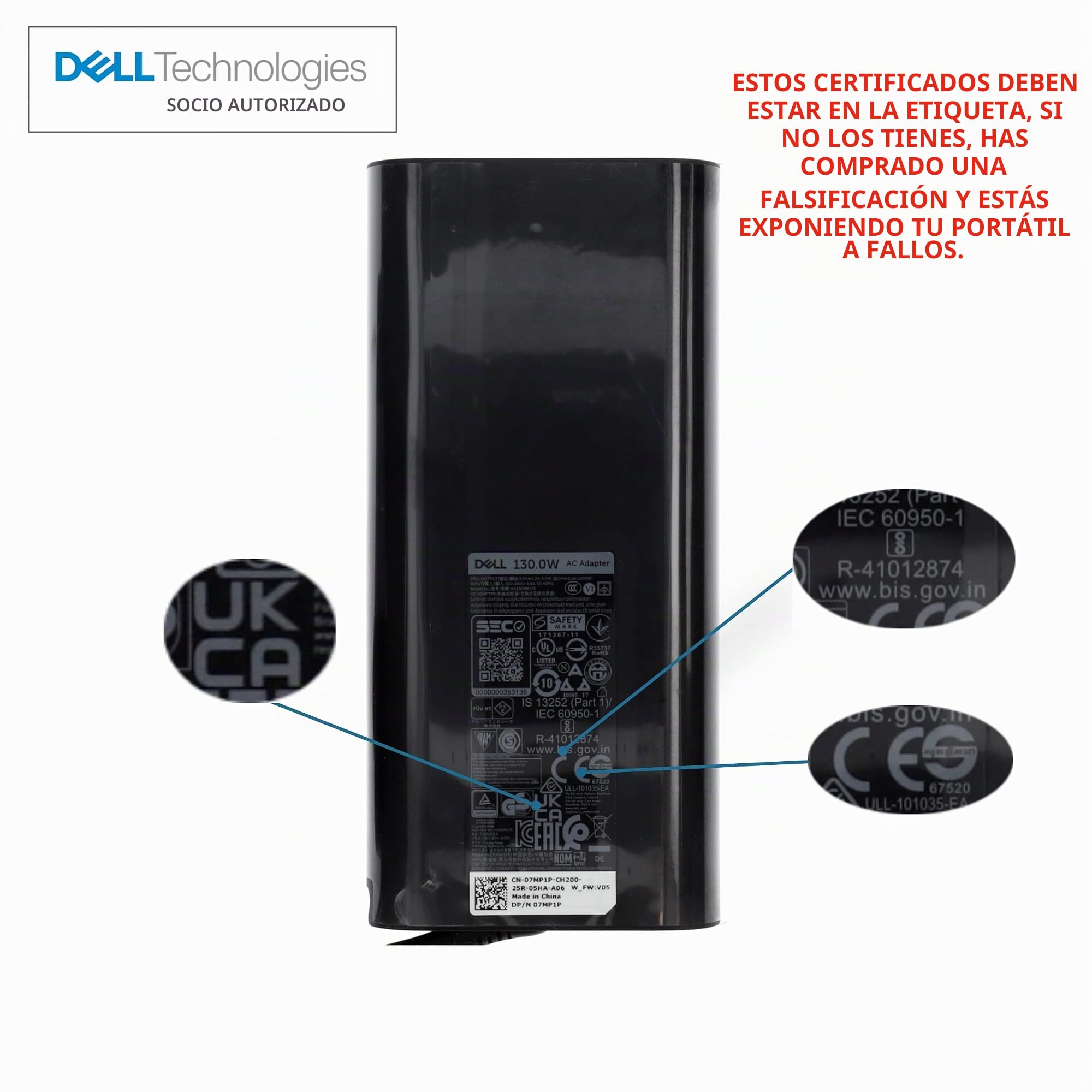 DELL Fuente de Alimentación Adaptador de Cargador USB-C de 130W 7MP1P K00F5 M0H25 DA130PM170 HA130PM170 XPS Latitude Precision El Cable de alimentación está Incluido en el Suministro.