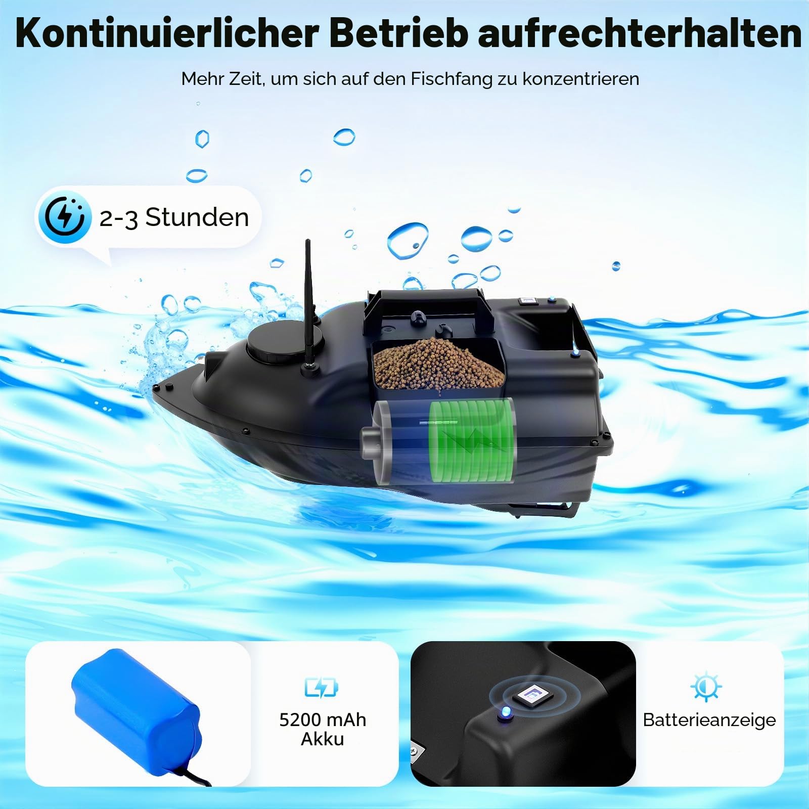 Ferngesteuertes Boot, RC Karpfenstarter, 500 m, kabellos, B-Boot mit 2 Motoren (3 Silos, schwarz)