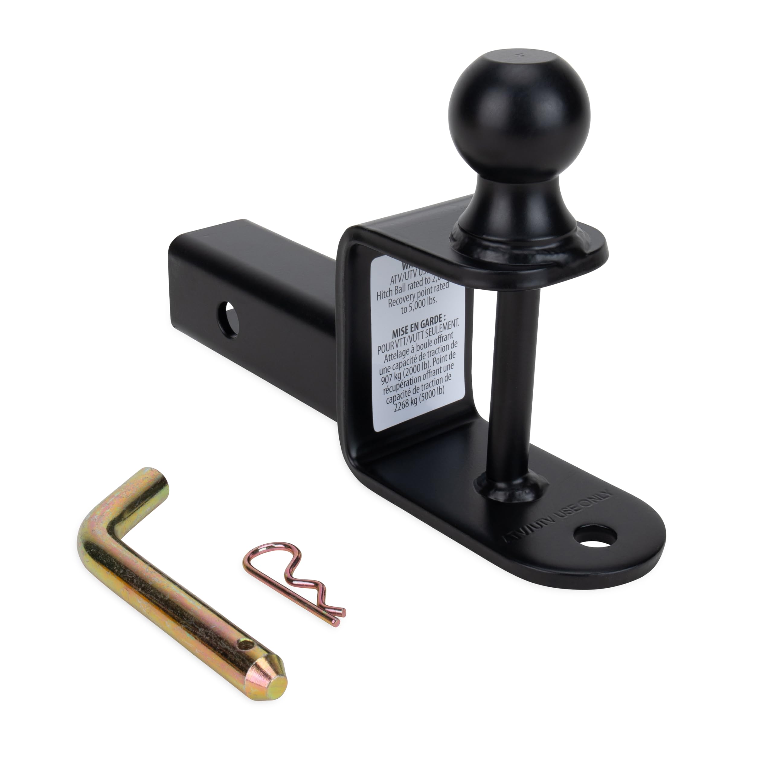 Camco Black Boar ATV/UTV Multi-Hitch – 2” Hitch Ball, 2” Shank, 6” Long – 2” Rise, 2,000 lb Capacity – Winch Strap Loop & 5/8” Pin Hole –