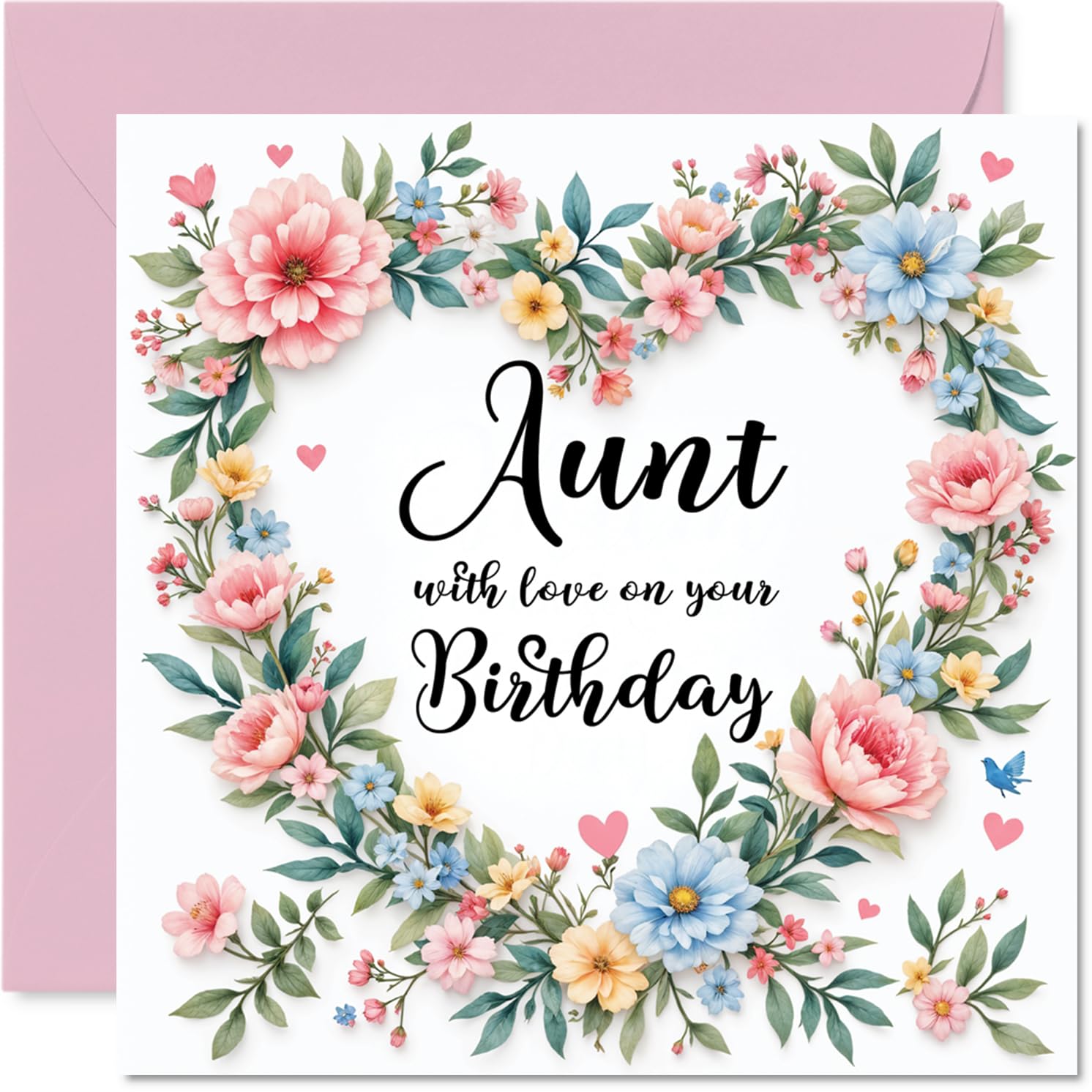 Aunt Birthday Card - Flower Heart Wreath - Happy Birthday Card for Aunt from Nephew Niece, 145mm Flower Heart Wreath Bday Greeting Cards