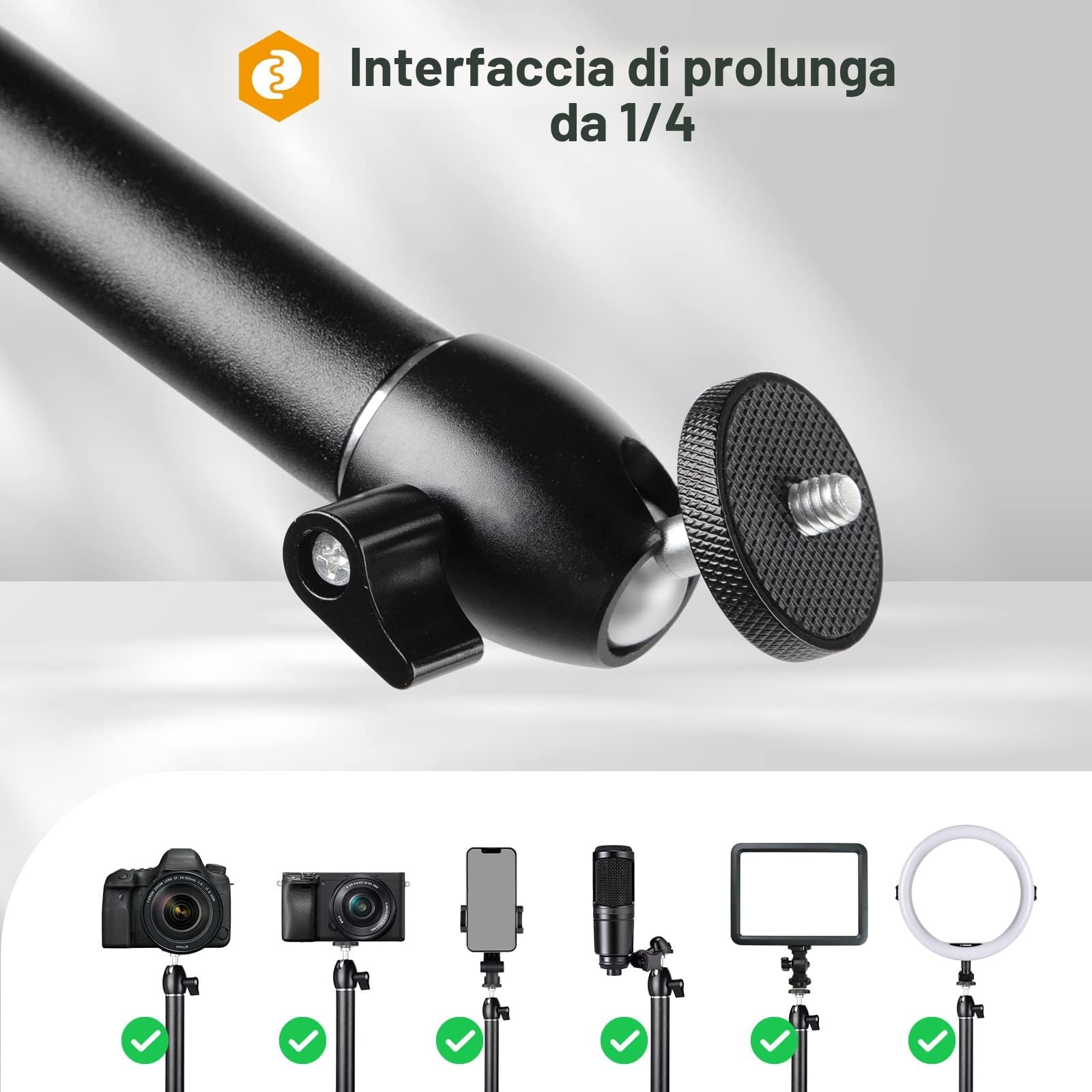 TARION Supporto per treppiede per fotocamera da scrivania Braccio articolato flessibile a 360° con vite da 3/8'' e vite da 3/8'' a 1/4'' per fotocamere DSLR Luce ad anello per proiettore TKB01