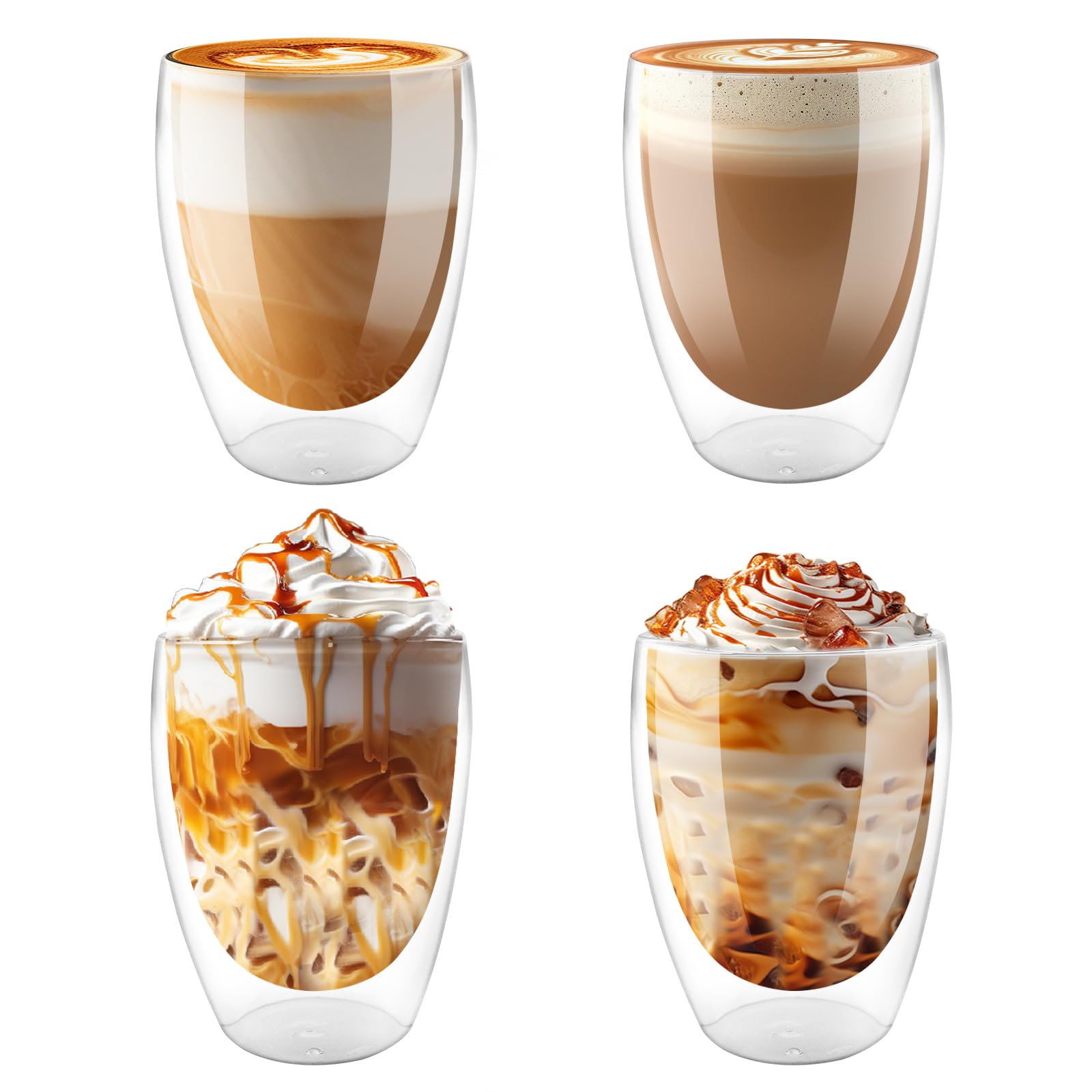 Tazas de Café de Cristal de Doble Pared, 4 Piezas 350 ML Vasos Transparentes para Latte Macchiato Café Helado Leche Jugo Té Espresso