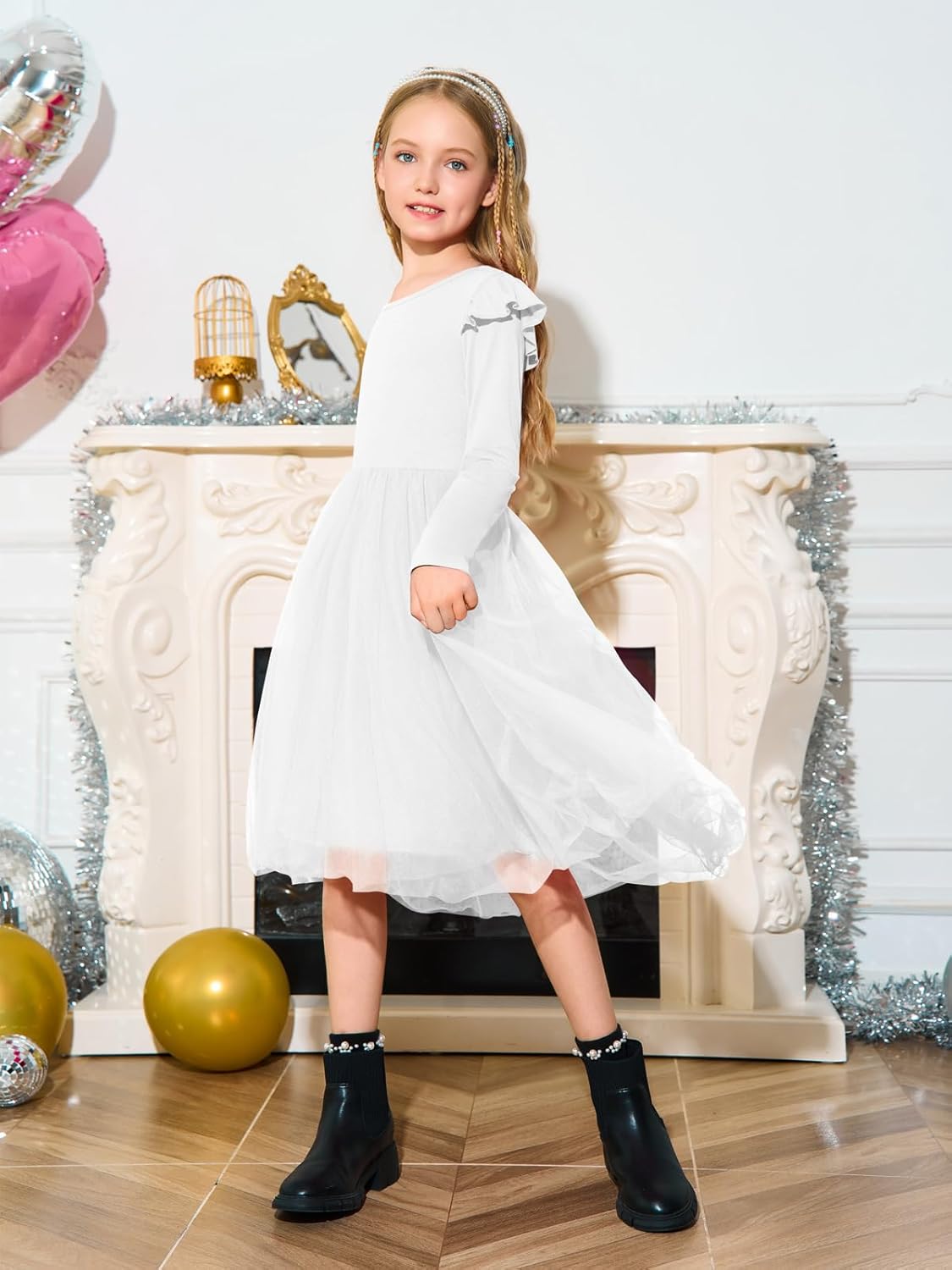 Haloumoning Girls Tutu Dresses Kids Cute Tulle Fall Ruffle Long Sleeve High Low Hem Dress 5-14 Years - Image 3