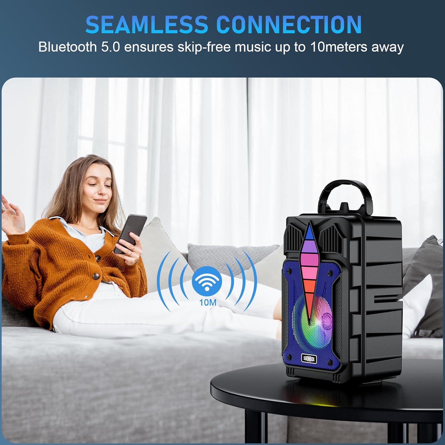 Dnil Portable Bluetooth Speaker with Voice-Controlled RGB Multi-Color Rhythm Lights, Supports TWS/USB/TF/FM/AUX, Suitable for Home Party or Outdoors (Blue) image 3 of 7 B0F87FC569