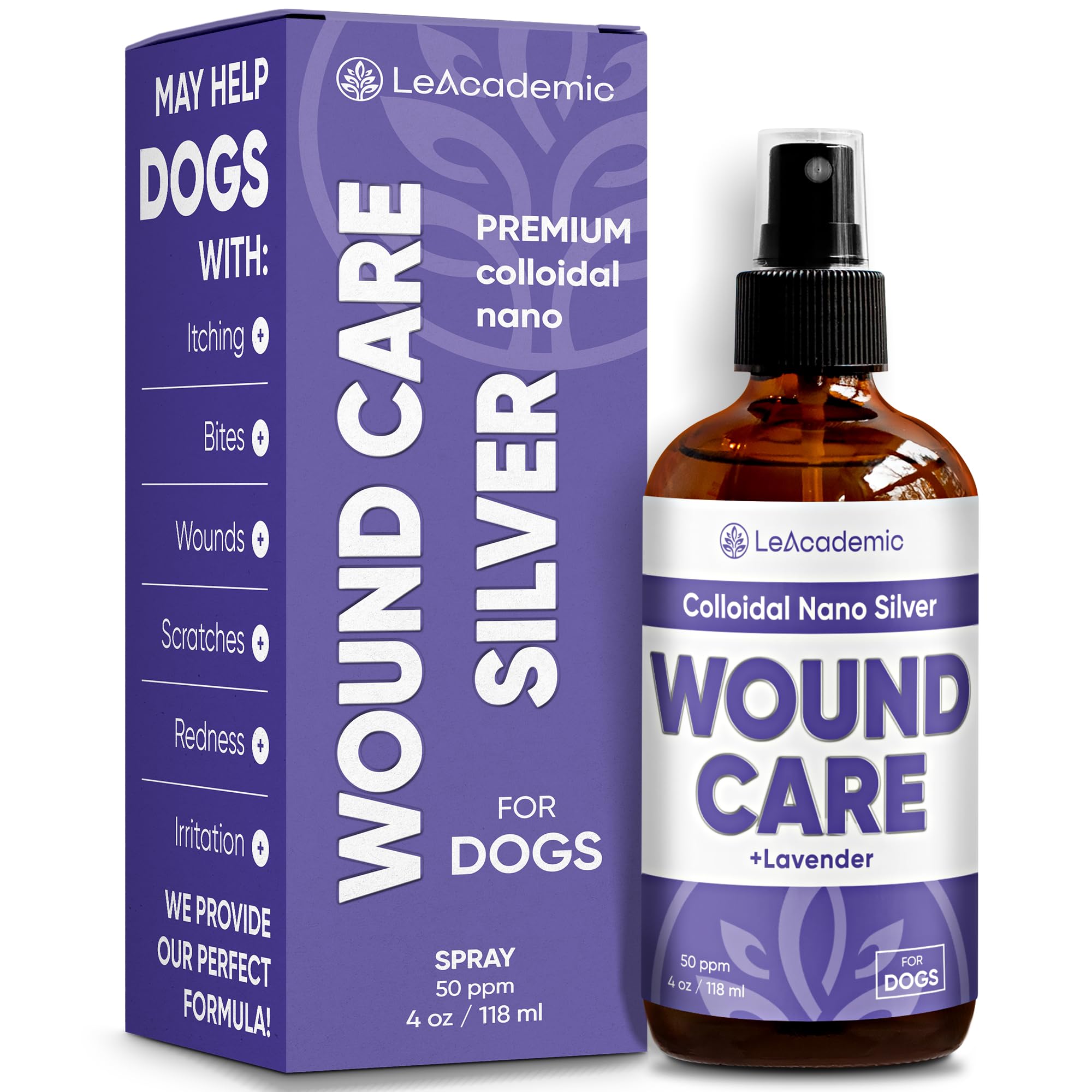LeAcademic Dog Wound Care + Lavender | Wound Care for Dogs | Skin Irritation Treatment | All Breeds Itch Spray | Lavender Spray | Pet Cone | 4 Oz