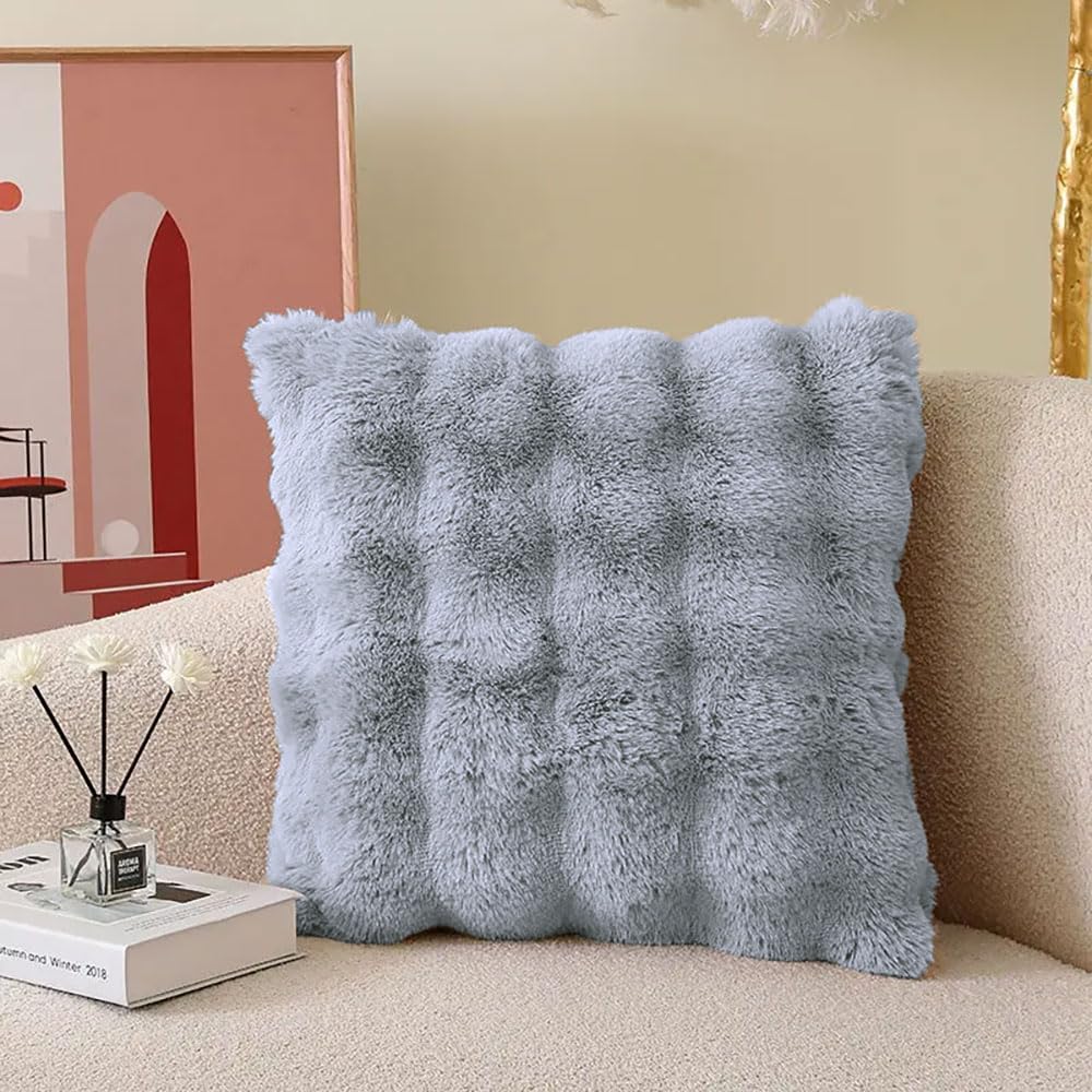 Amazon Brand - Umi Bubble Premium Rabbit Fur Cushion Cover 16x16 Inch - Set of 2, Super Soft Solid Square Pillow Covers for Sofa, Home or Living Room - (Silver, 40x40 cm)-image-45