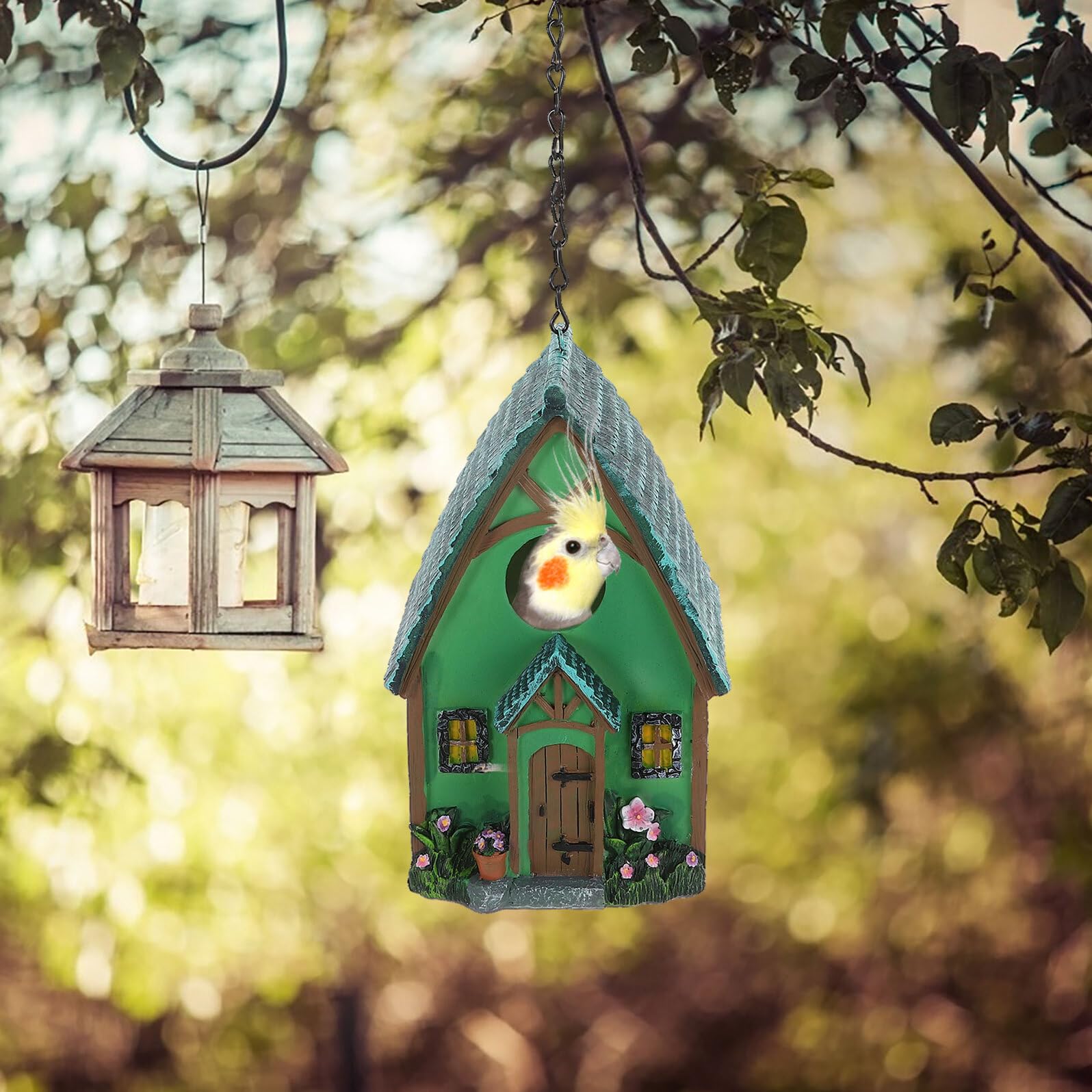 DOITOOL Casita para Pájaros de Resina Resistente Colgante para Jardín y Patio Trasero Decoración Exterior Artesanal Nido para Aves Protección Climática