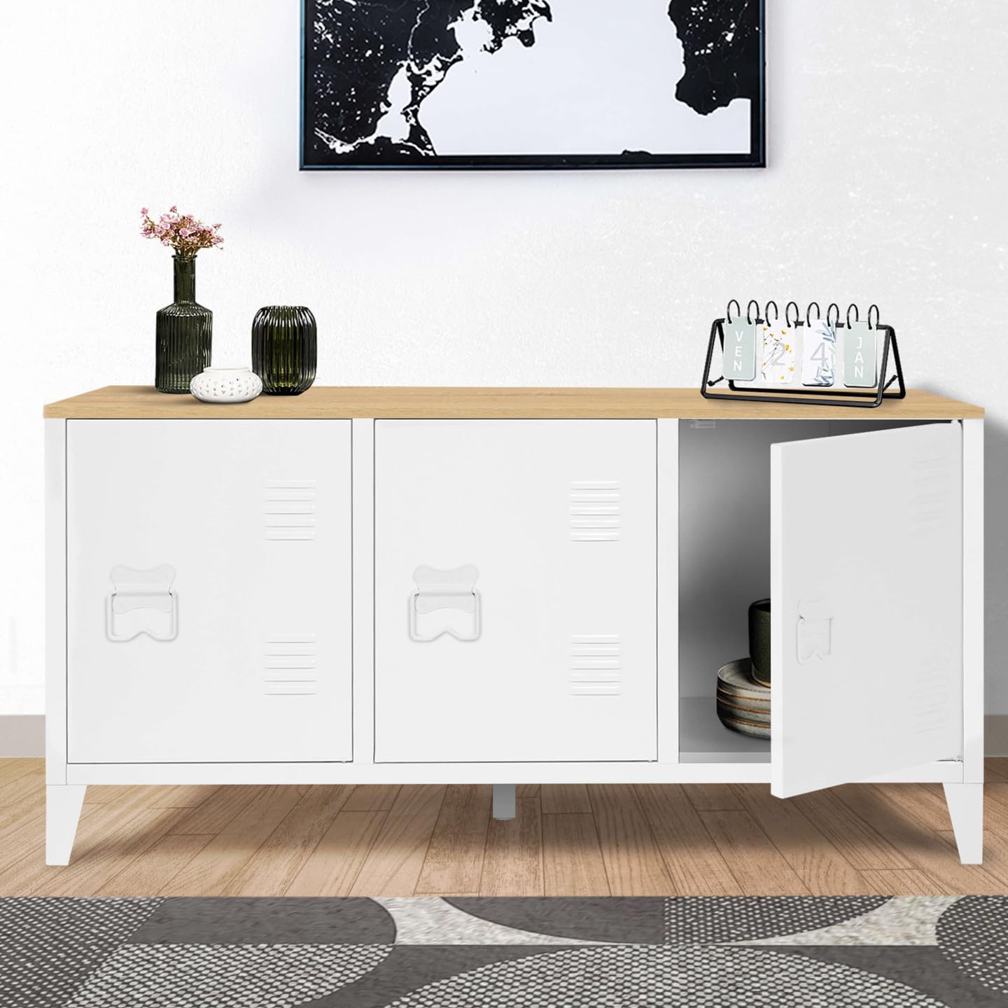 IDMarket - Aparador Bajo Ester 113 cm 3 Puertas de Metal Blanco con Tablero de Madera de Diseño Industrial