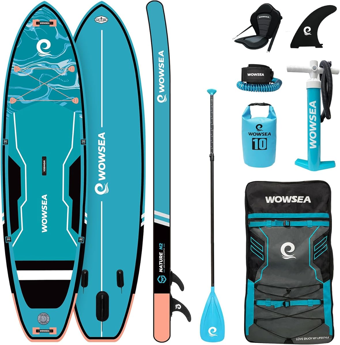 WOWSEA Aufblasbares Stand Up Paddle Board, langlebiges und stabiles Freizeit Paddle SUP, Touren & Yoga Paddelboard mit Dual Action Pumpe, Fiberglaspaddel, iSUP Sitz und Allround Zubehör