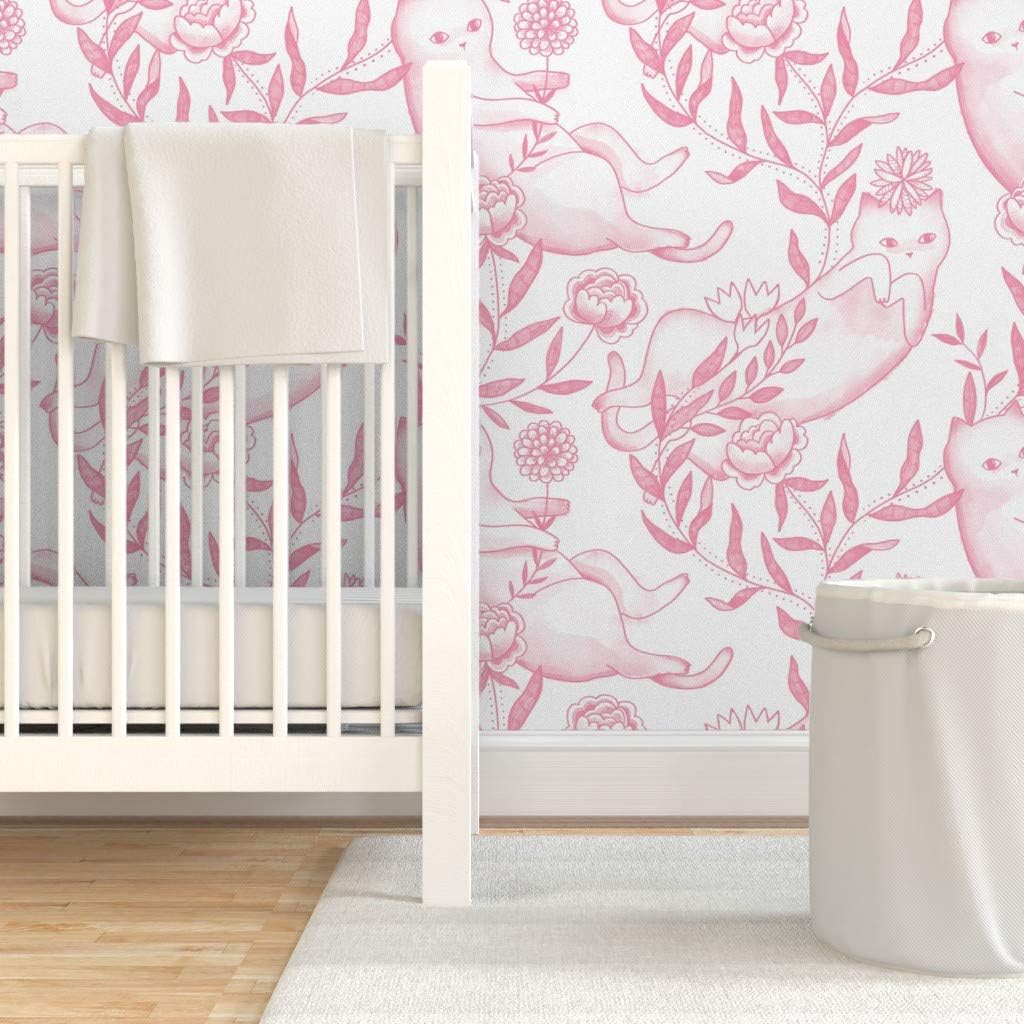 Spoonflower Peel & Stick Wallpaper 3ft x 2ft - Toile Cats Pink Funny Kittens Custom Removable Wallpaper
